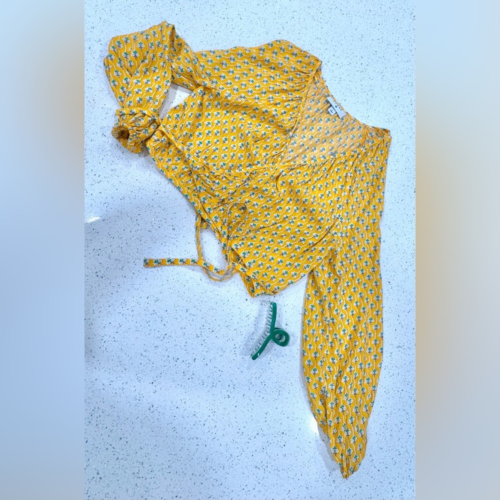 RHODE Yellow Floral Print Wrap Blouse cover up w/ hair clip NWOT size large